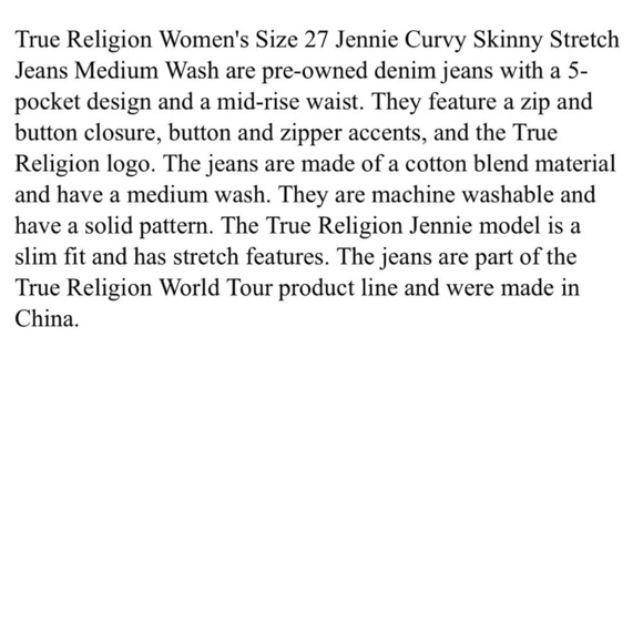 True Religion Jenny Curvy Skinny Stretch Medium Wash Denim Jeans Women’s Size 27 - Picture 7 of 7